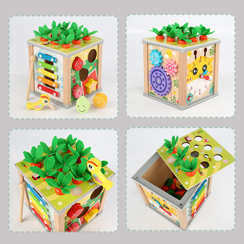 Wooden Pulling Radish and Catch Insects Shape Matching Music Kapping Piano Children's Multifunctional Nine-in-One Hundred Treasure Chest Educational Toys