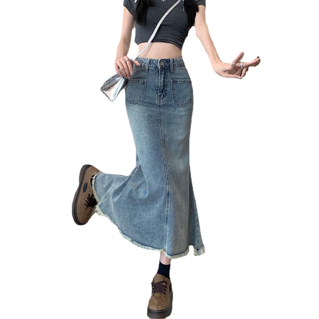 Raw edge denim skirt women's spring and autumn new high-waist slim fishtail skirt hip-covering skirt A-line skirt mid-length skirt