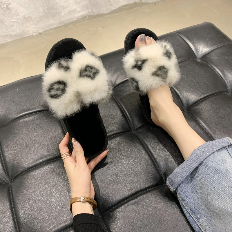 Amazon New Flower Slippers Fur Flat Slippers Women's Home High and Low Wool Open Cotton Slippers for Foreign Trade