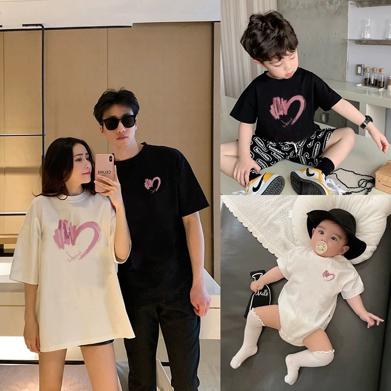 Net Celebrity Fried Street 2023 Summer Parent-Child Suit High-end Mother and Child Mother and Daughter Baby Family of Three or Four Love Short Sleeve T-shirt