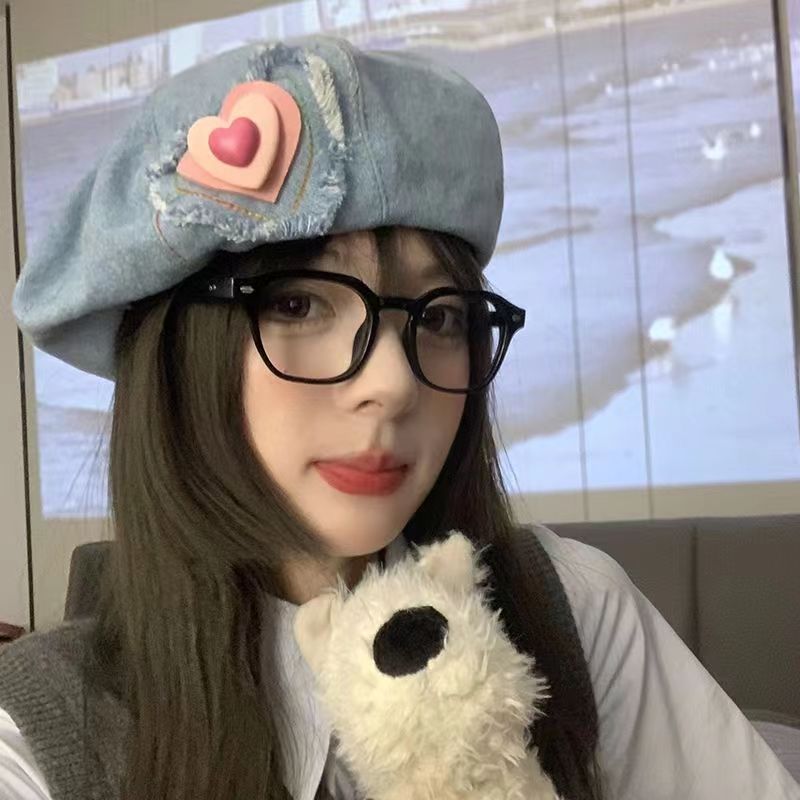 日系甜美可愛牛仔貝雷帽女春夏出遊簡約百搭顯臉小愛心網紅雲朵帽