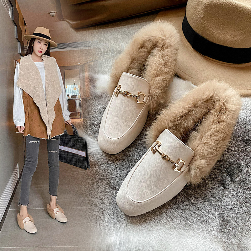 Mao Mao shoes women's winter wear 2023 new autumn and winter flat heel Velvet Bean shoes rabbit fur shoes women's shoes tide