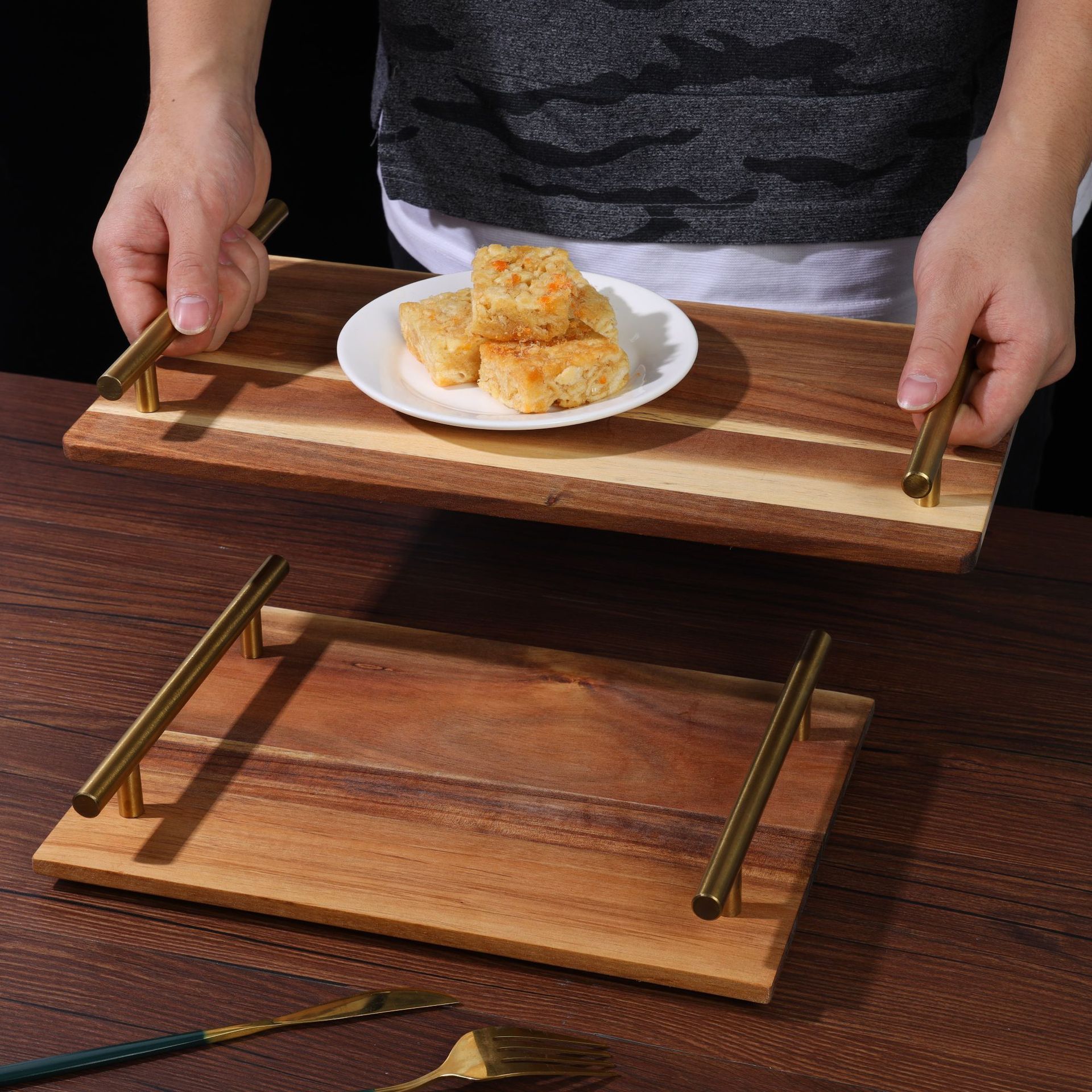 Acacia Wooden Tray with Metal Handle Restaurant Hotel Sushi Plate Household Dinner Plate Cake Dessert Afternoon Tea Tray