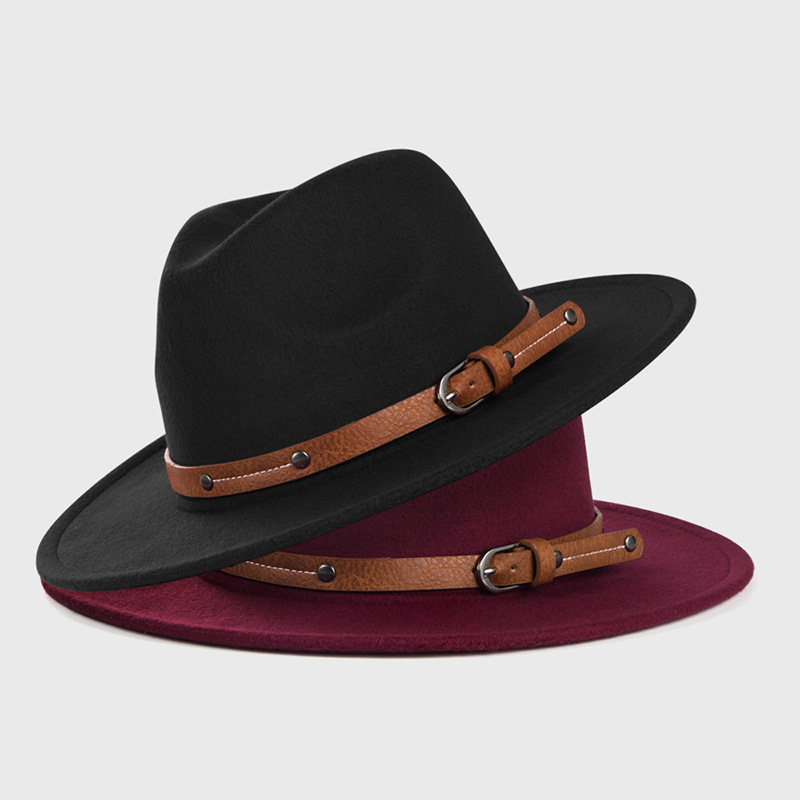 Cross-border British retro woolen hat men's and women's monochrome belt metal buckle felt hat simple big brim jazz cowboy hat