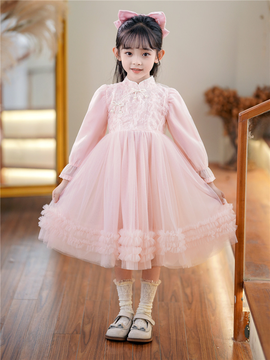 Girls' dress spring new Chinese cheongsam stand collar children's dress Princess dress little girl Western style mesh skirt