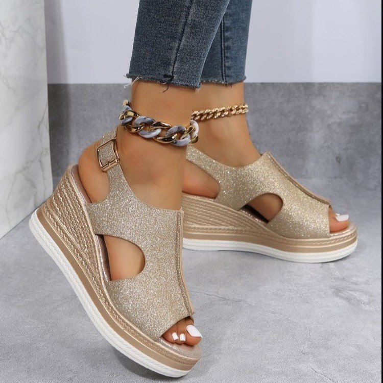 AliExpress wish Belt Buckle Wedge Sandals Women's 2023 New Mid-heel Platform Thick Bottom Hollow Peeple Sandals