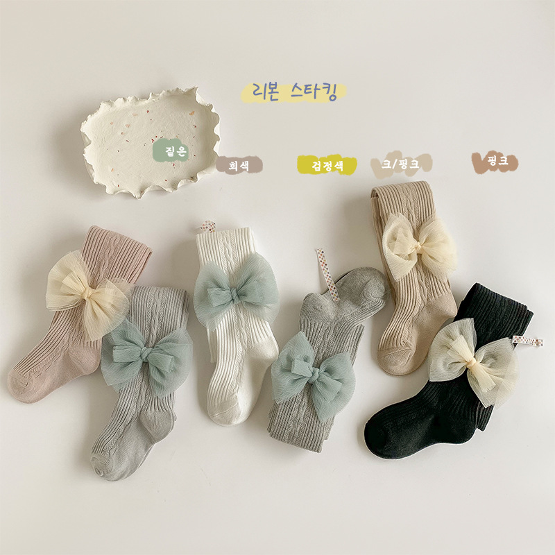 Children's pantyhose baby spring and autumn baby bottoming socks yarn bow striped one-piece socks girls leggings wholesale