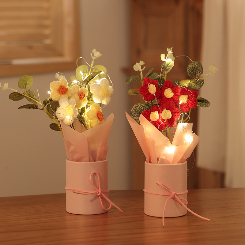 5 Puffs Barrel Valentine's Day Bouquet Wool Flower DIY Hand-woven Flower Knitted Flower Christmas Gift for Girlfriends