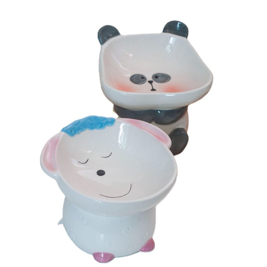 High-legged Ceramic Cat Bowl Pet Bowl Oblique Neck Protection Brown Lion Bowl Ornaments Ceramic Storage Box Desktop Storage