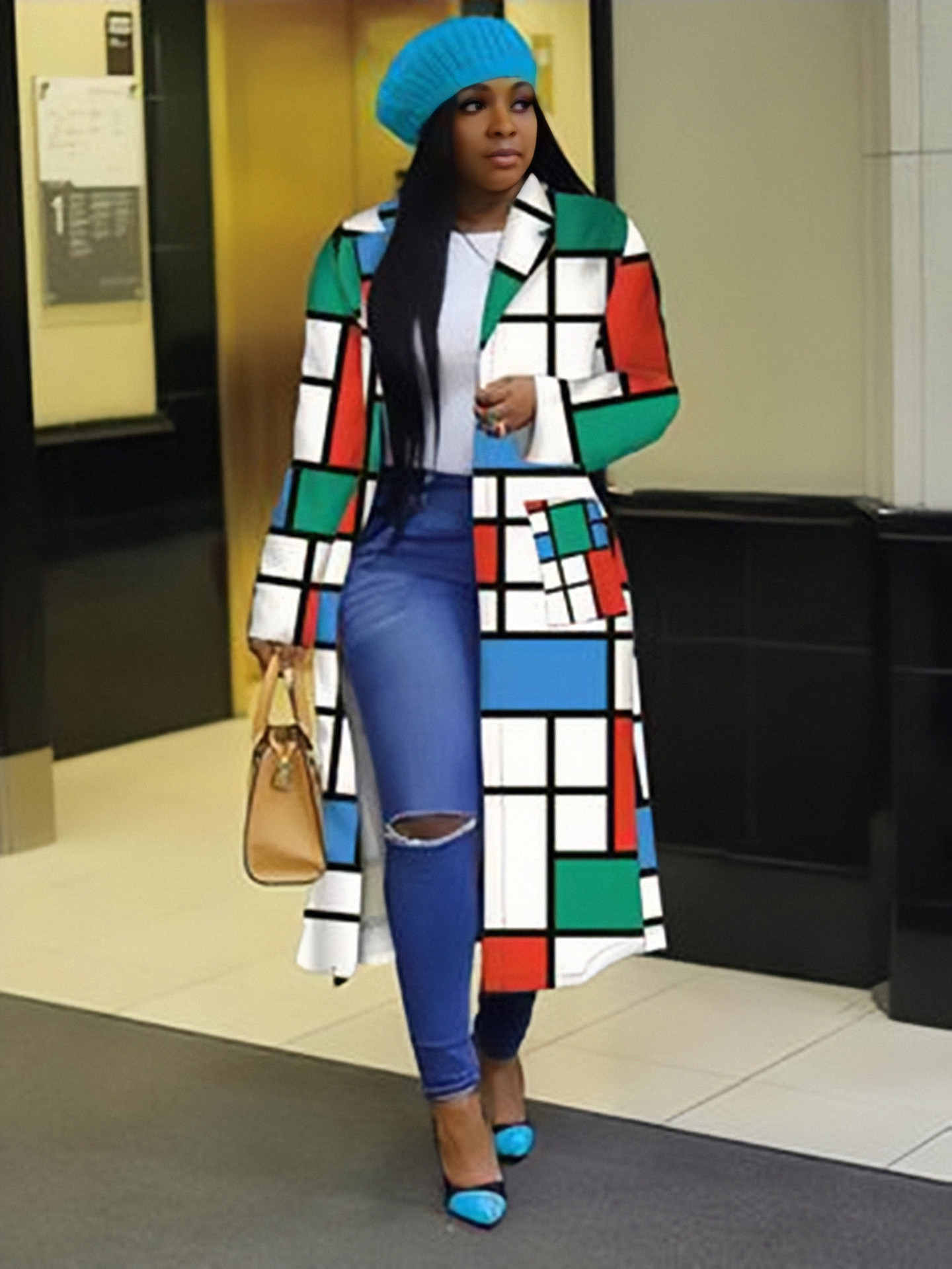 Autumn and winter New trench coat cross-border European and American plus size plaid printed double-breasted lapel coat coat women's coat_voghion.com