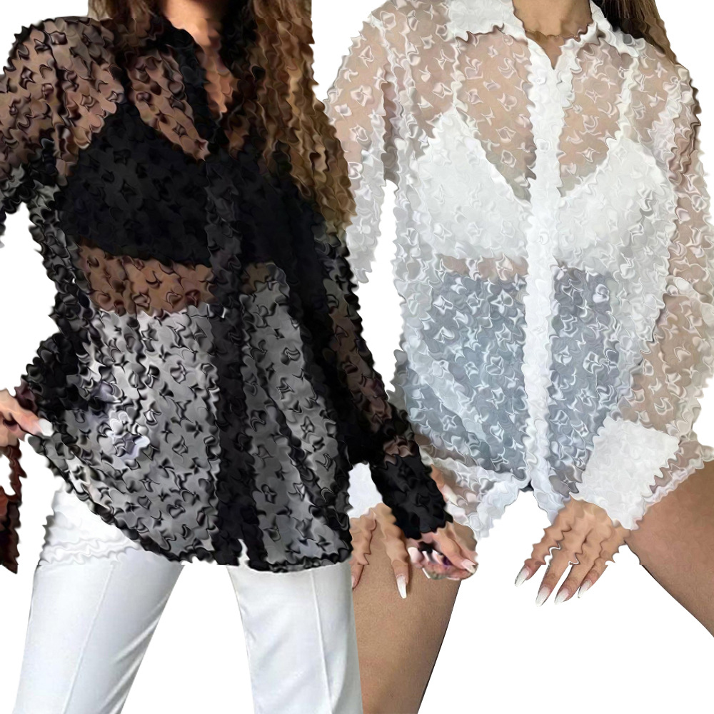 Y71516 European and American women's cross-border sexy mesh perspective high quality fabric women's shirt 2 color in stock