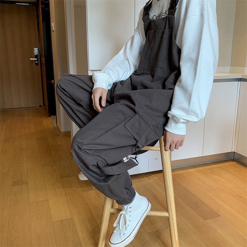 Japanese Harajuku Tooling Sling Pants Men's Trendy Brand ins Retro One-piece Suspender Pants Loose Wide-leg Straight Pants for Daddy