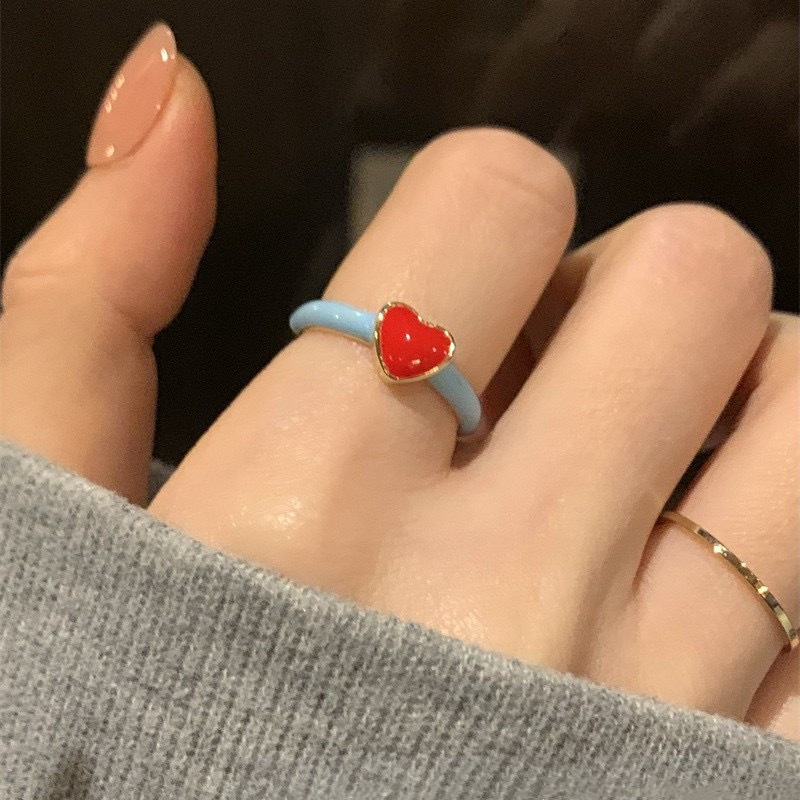 太溫柔~紅色愛心撞色戒指女ins小眾設計滴釉指環2023年夏天新款潮