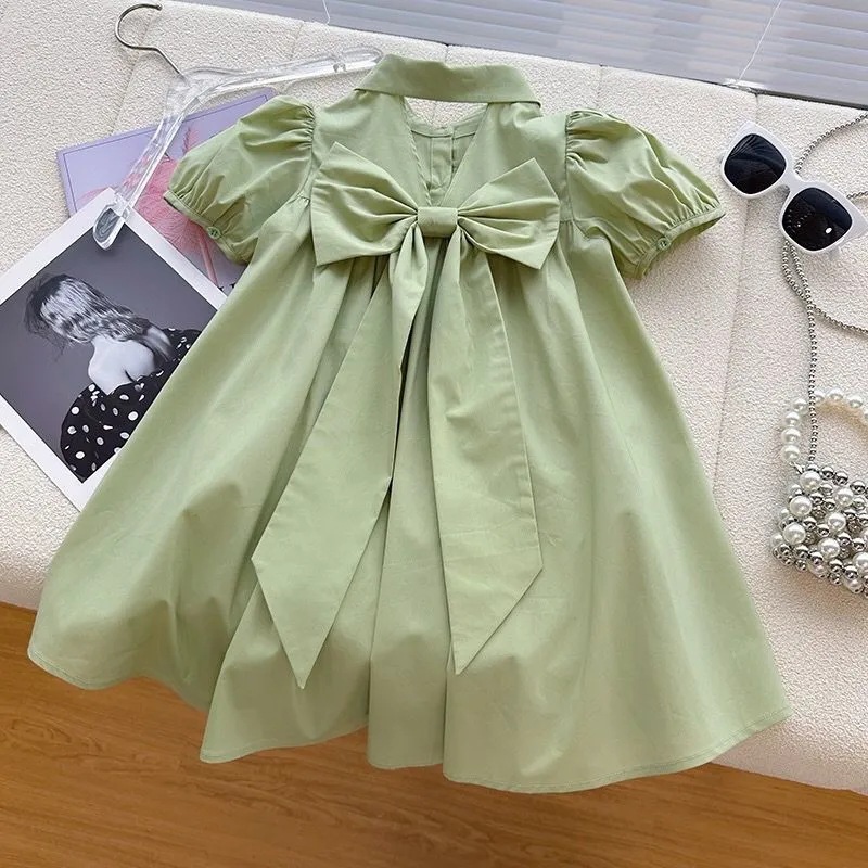 Girls' Dress Puff Sleeve Summer Western Style 2023 New Style Children's Design Sense polo Collar Casual Skirt