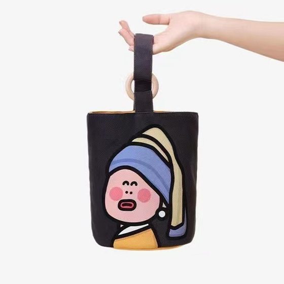 Original ins illustration portable bucket bag handbag hand carrying out snack canvas bag cute out small handbag