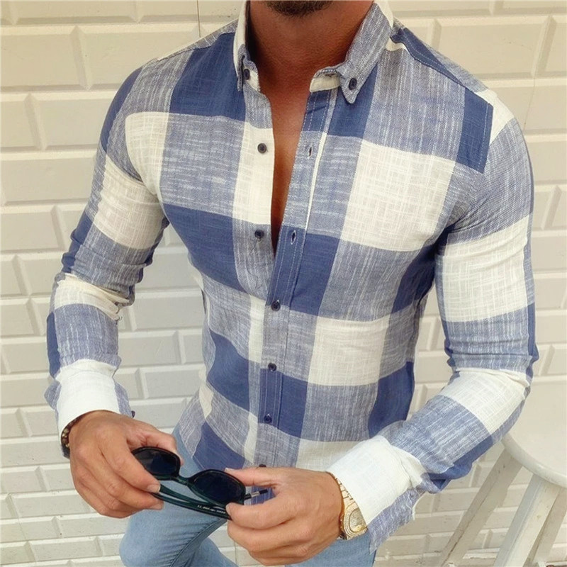 Foreign trade new Plaid large size long sleeve men's casual shirt AliExpress wish men's shirt spot fashion