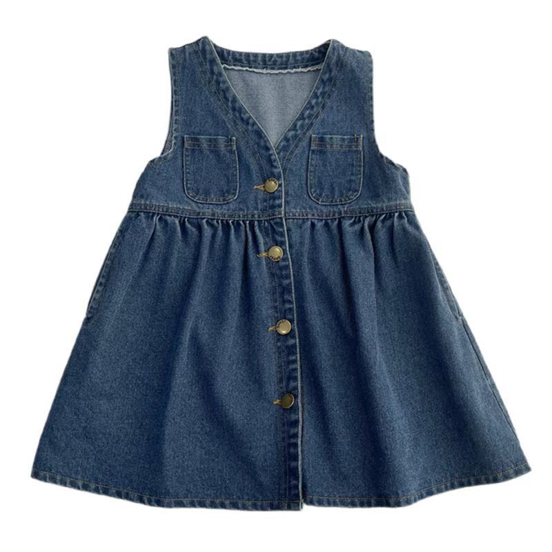 Girls 2024 Spring and Summer New Style Girls Princess Dress Pleated Skirt Baby Sleeveless Vest Denim Skirt