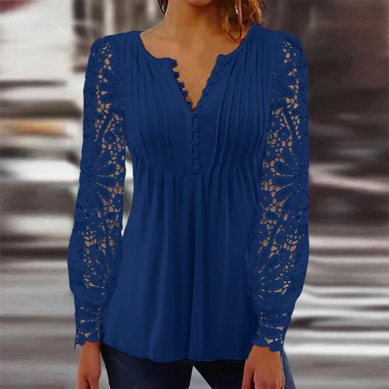 2023 Cross-border European and American Spring and Autumn Fashion New Women's Lace Sleeve Pleated Solid Color Button T-shirt Base Shirt