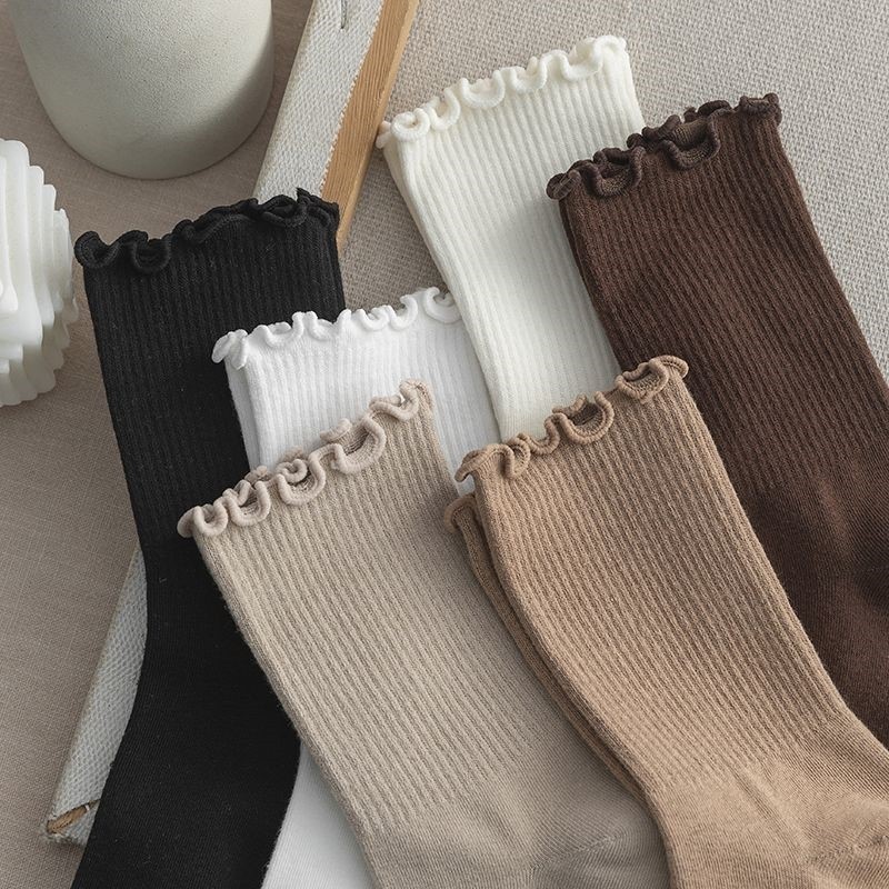 Socks women's mid-calf socks Spring and Autumn style wooden ear lace socks ins Japanese style all-match pile socks autumn and winter jk women's socks