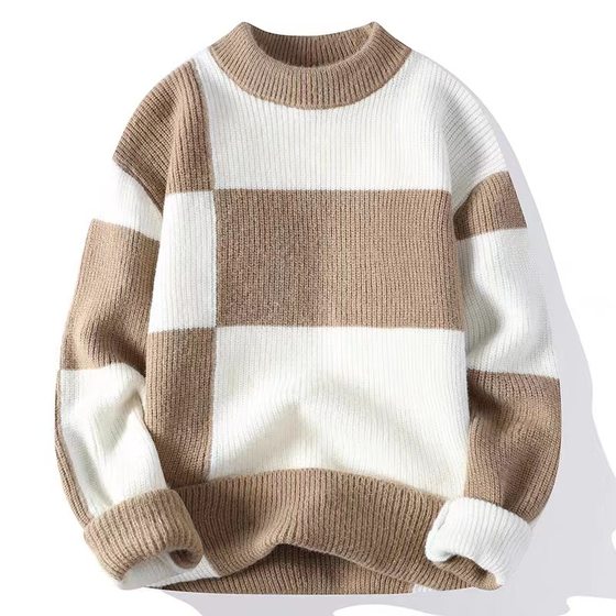 Autumn and Winter half turtleneck knitted bottoming shirt men's fashion brand contrast color sweater youth casual all-matching trendy top