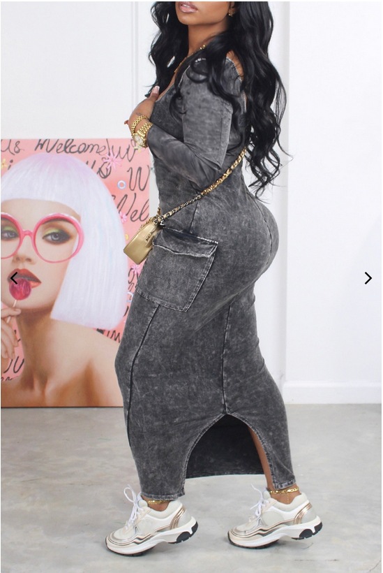 2023 European and American style sexy hot girl printed dress cross-border foreign trade large pocket back slit sheath long sleeve women's skirt