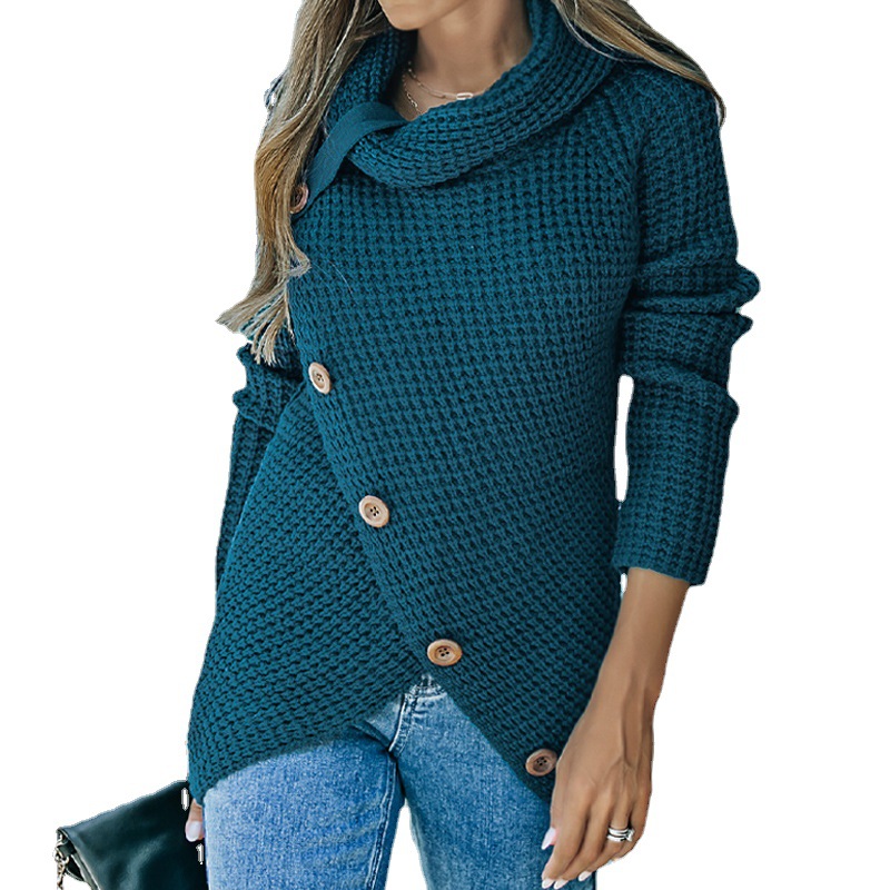 Shiying European and American high collar pineapple flower sweater women's 2023 autumn and winter New long sleeve hem asymmetric sweater pullover