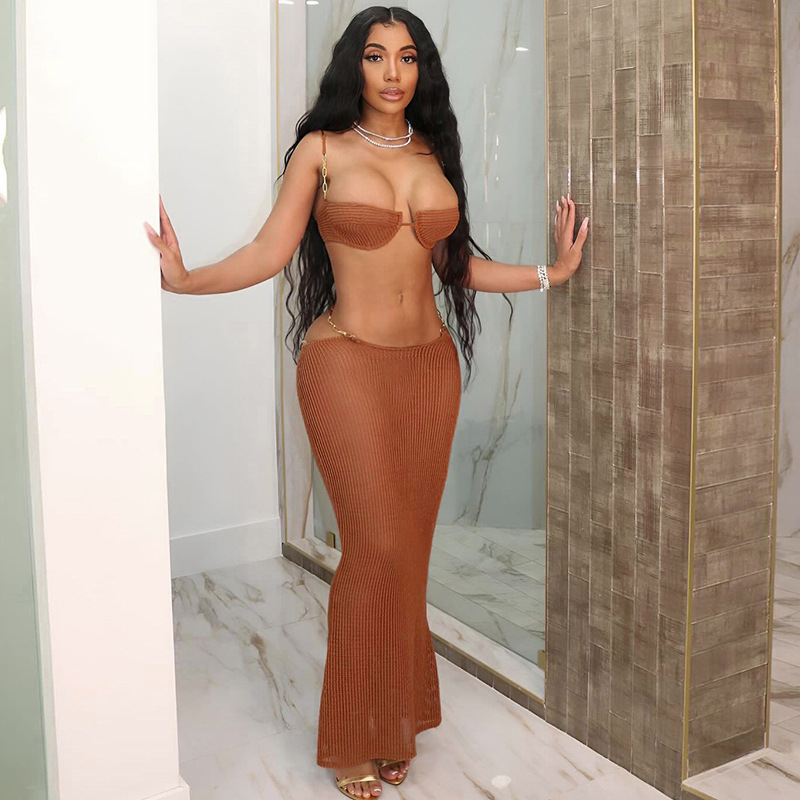 Cross-border European and American Style 2024 Summer New Sexy Spice Girl Perspective Lace-up Top Low Waist Slim-fit Skirt Set