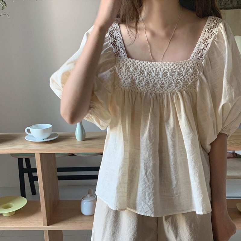Korean chic Salt Age-reducing Hook Flower Hollow Collarbone Square Collar Doll Shirt Women's Summer New Loose Top