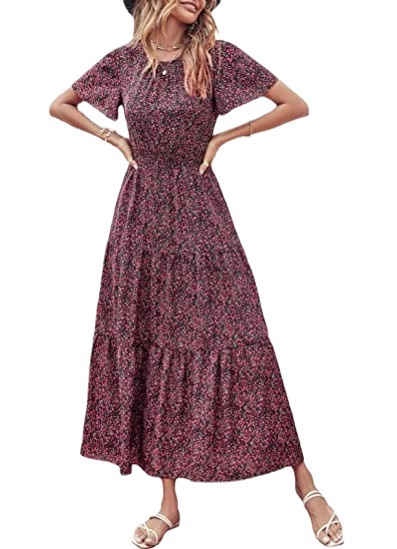 Women's Short Sleeve Round Neck Fold Elastic Waist Layered Long Dress Summer Bohemian Floral Horn Sun Dress