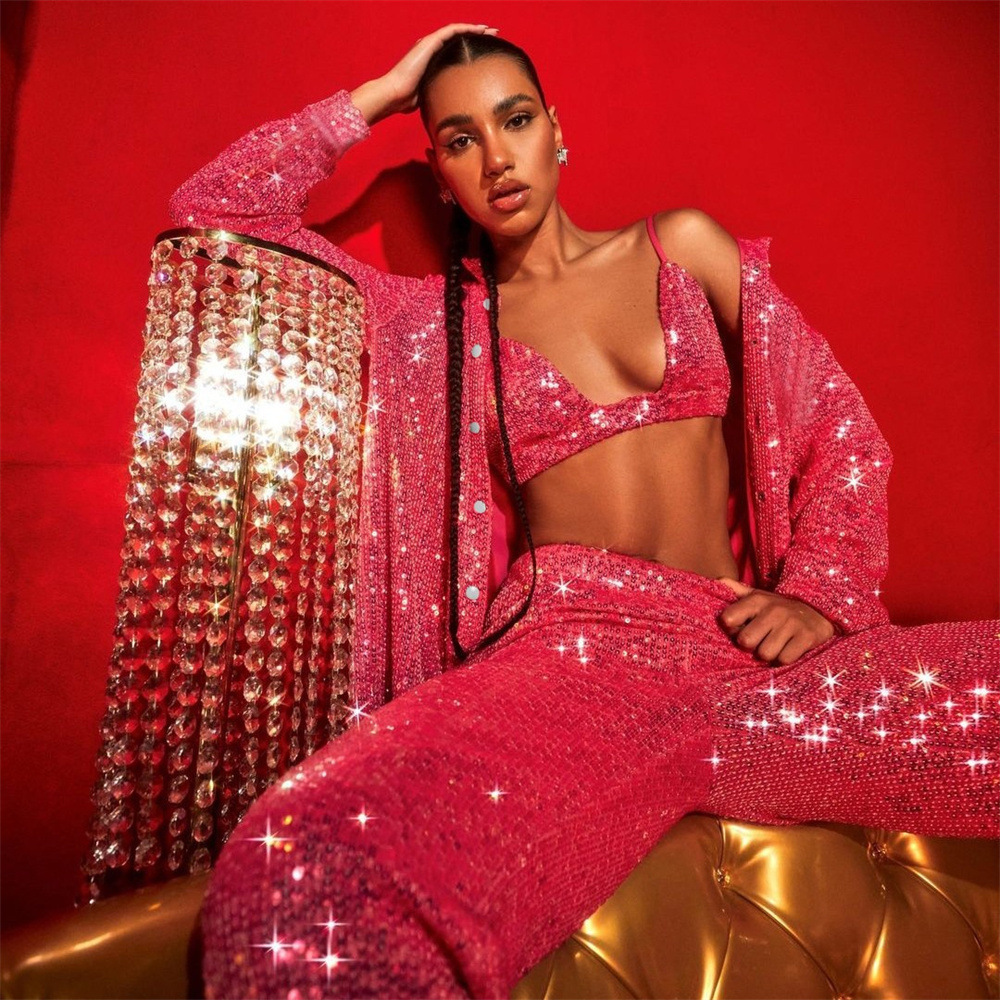 Spring and summer new foreign trade women's clothing Europe and the United States three-piece solid color sequins fashion casual suit shirt underwear straight pants