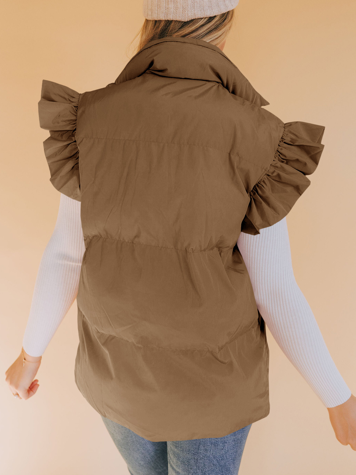 Grenzüberschreitende europäische und amerikanische Herbst- und Winterneuheiten mit lockerer Tasche und Baumwollpolsterung, fliegende Ärmel, elegante Weste, Stehkragen, Mode, Einreiher_voghion.com