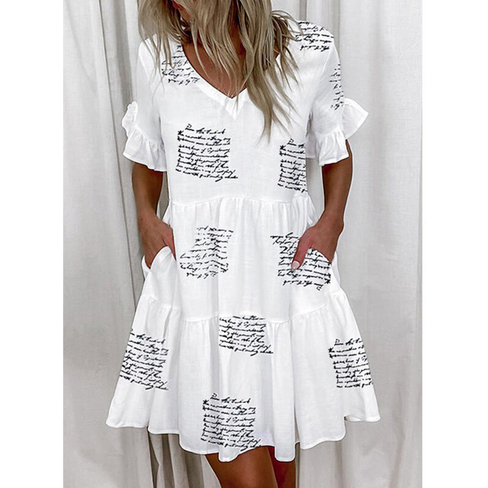 Cross-border Amazon European and American Women's 2023 Spring New Dress Fashion Sweet V-neck Printed Large Swing Dress