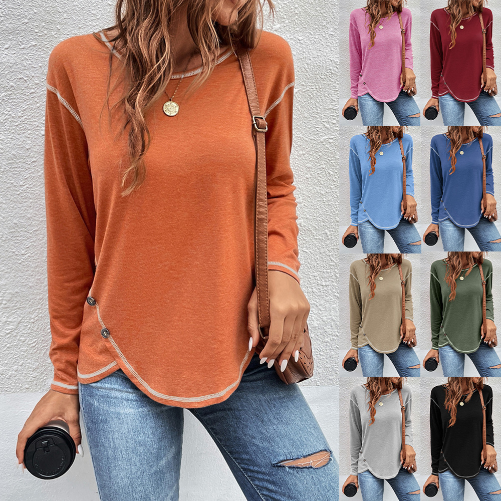 Amazon Independent Station  Autumn and Winter New European and American Clothing Hot Sale Solid Color Button Irregular Side T-shirt