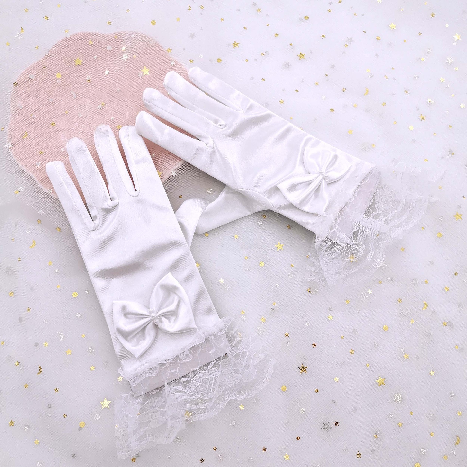 Girls' Gloves Lace Bow Satin Stretch Children's Flower Girl Dress Performance Dance Etiquette Foreign Trade Cross-Border