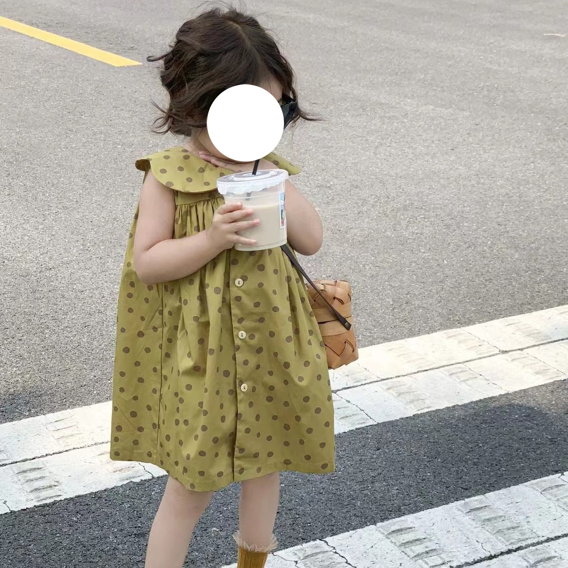 女童背心連衣裙2024夏季新款中小童韓版圓點復古印花純棉背心裙