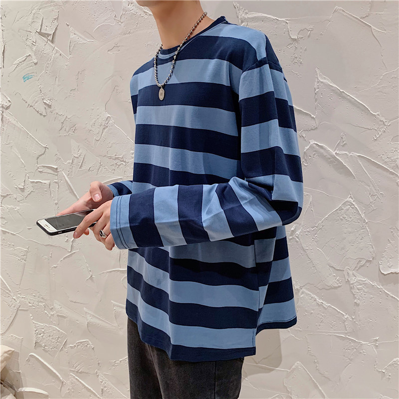 Black and White Striped Long-Sleeved T-Shirt Men's Round Neck Sweater Loose Fashionable Men's and Women's Inner Base Shirt Top Fashionable Brand Simple