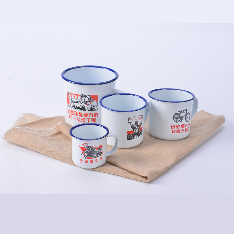 Enamel Cup Old-fashioned Metal Nostalgic Enamel Tea Jar Advertising Gift Imitation Ceramic Cup Retro Quotations Printed logo