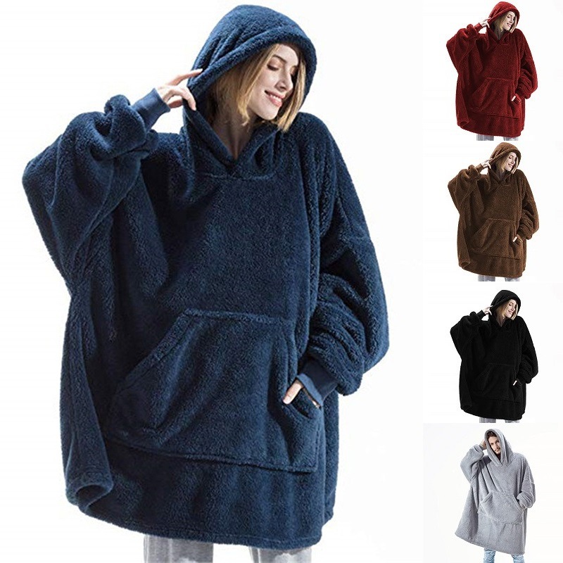 Cross-border Amazon autumn and winter comfortable loose double-sided velvet hoodie thickened wearable blanket couple new home wear