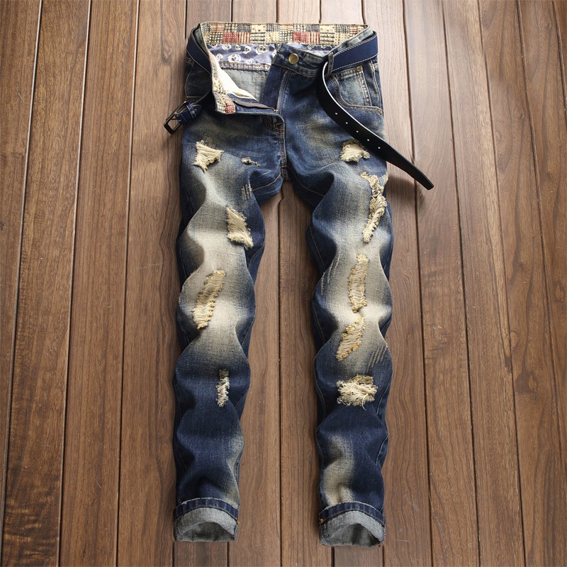 Men's jeans wholesale, retro water-washed, ripped jeans for men, inelastic, Western and European style, versatile, cross-border