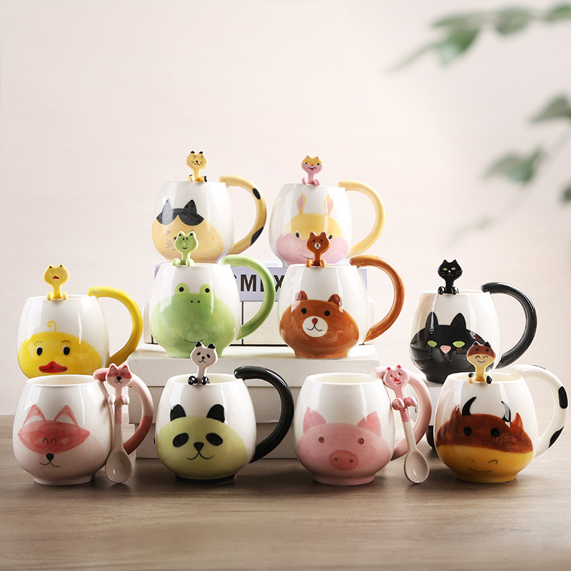 Cute Cartoon Animal Ceramic Cup Household Women's Mug Hand-painted Children's Water Cup with Spoon Coffee Cup Milk Cup