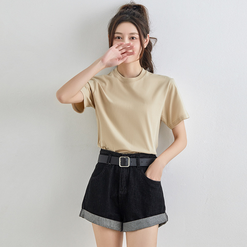 Heavy Impermeable Solid Color Cotton Round Neck Short-Sleeved T-Shirt Thick Pure White Base Shirt t Men's and Women's T-Shirt Top