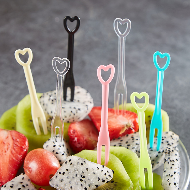 Heart-Shaped Disposable Fruit Fork Fruit Stick Commercial Plastic Fork Independent Packaging Colorful Cute Fruit Fork Watermelon Fork