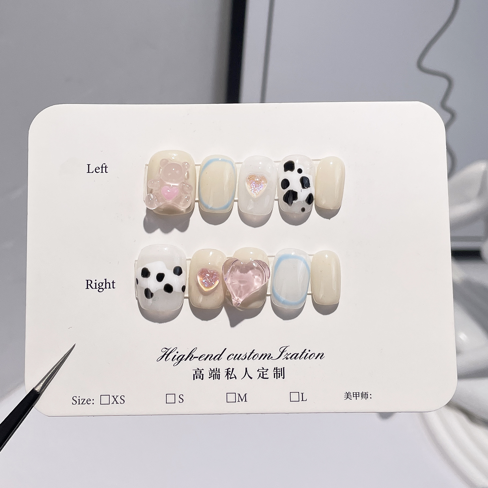 手工穿戴甲愛心小熊奶牛紋顯白指甲貼可穿戴甲片卡通可愛美甲貼片
