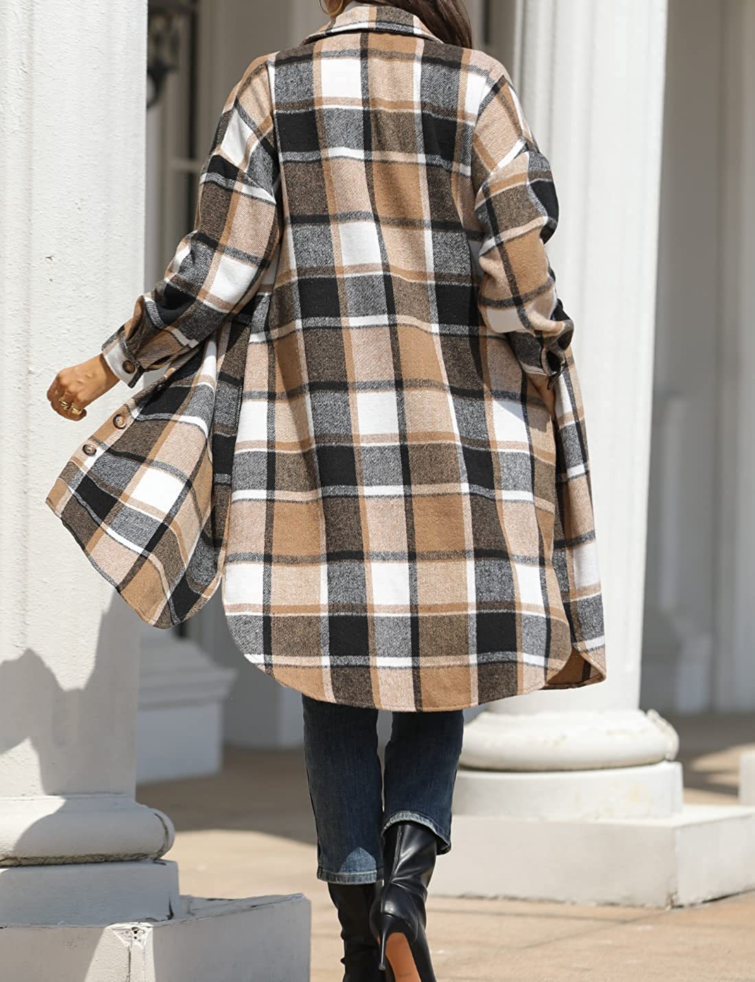 2021 Europe and America Cross-border Autumn and Winter New Women's Large Size Long Split Woolen Plaid Coat Coat_voghion.com