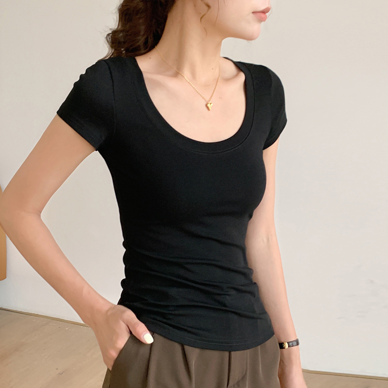 High-quality Cotton T-shirt Women's Short-sleeved Slim-fit Crewneck Sexy Tight 2025 New Summer Top Solid Color Base Shirt