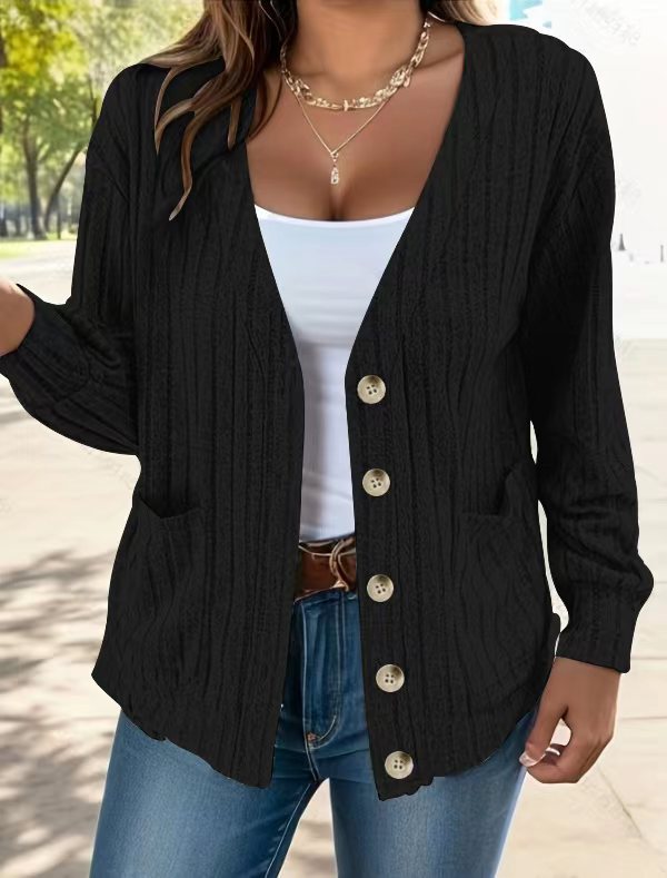 Fall/Winter 2023 European and American cross-border new TEMU women's clothing Amazon solid color button V-neck loose long-sleeved cardigan for women