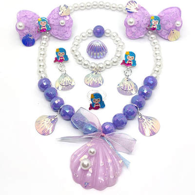 New Children Mermaid Princess Bow Hairpin Shell Necklace Pearl Bracelet Girl Ear Clip Ring Set