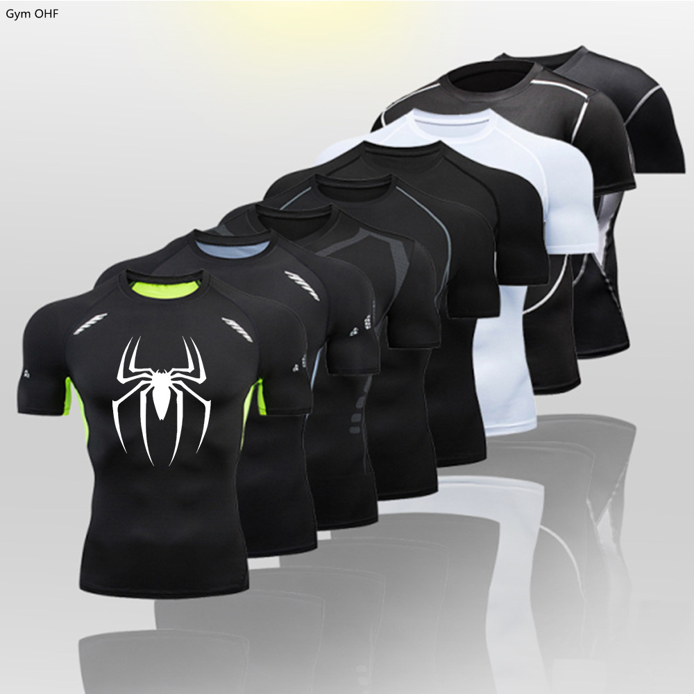 Spider hot cross-border manufacturers sell men's fitness tight T-shirt quick-drying high elastic sports shirt undershirt