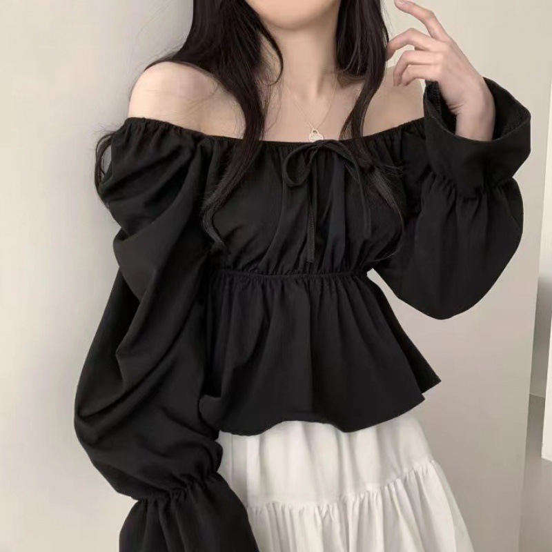 Fall 2023 Korean style sweet square collar lace-up waist ruffled flared sleeve slimming shirt