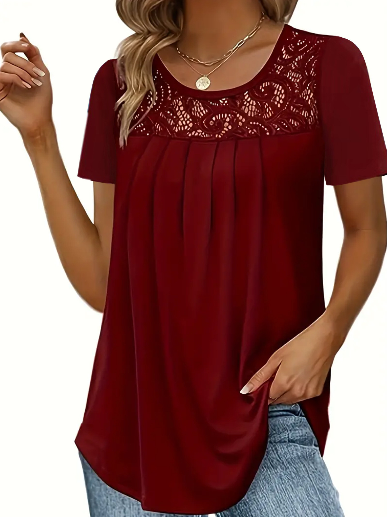  New Amazon AliExpress European and American Clothing Fashion Top Neck Solid Color Lace Short Sleeve T-Shirt